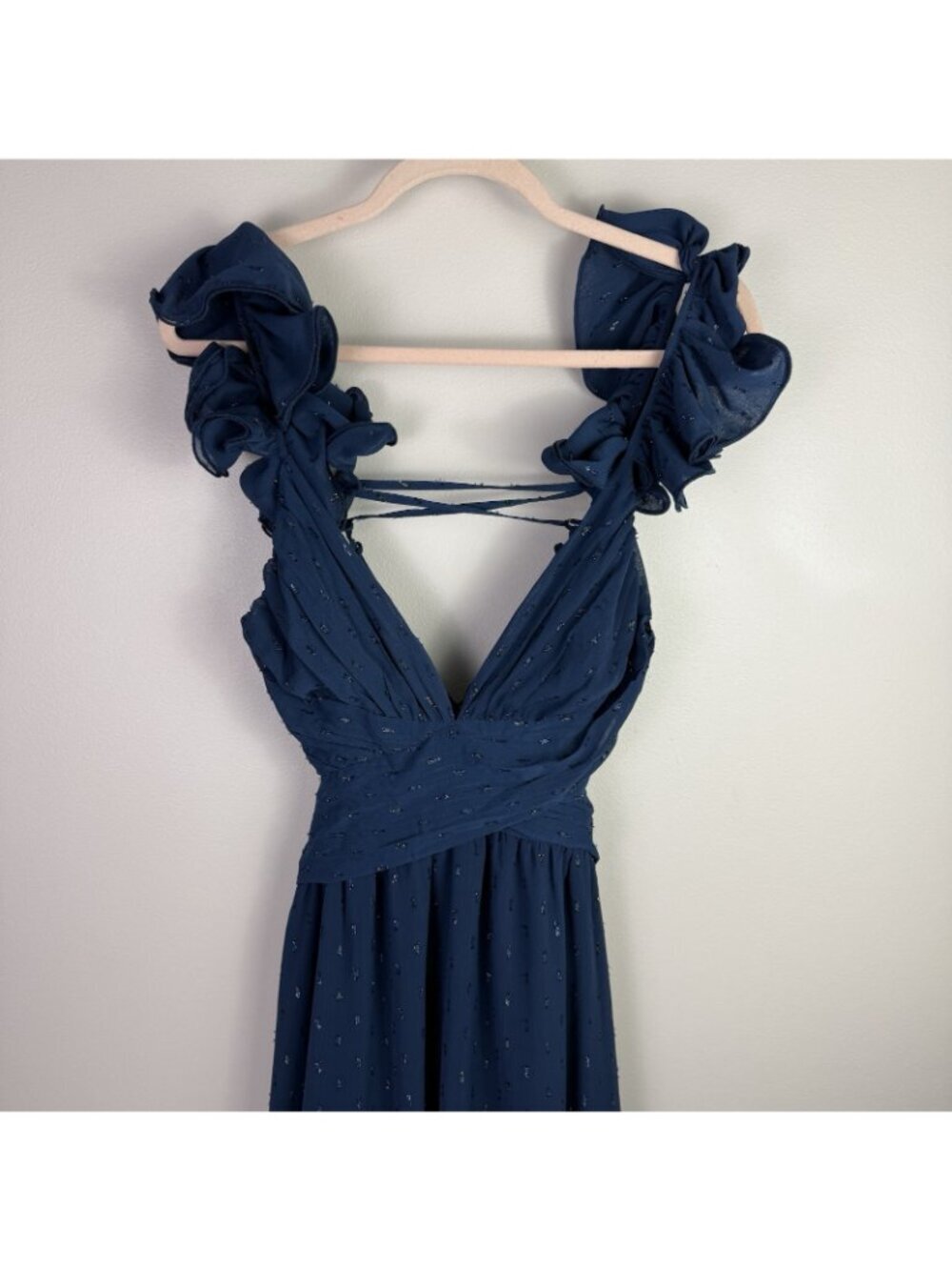 Petal + Pup Navy Glitter Ruffle Maxi Dress Deep V Lace Up Back Gala Sz L - Picture 3 of 12